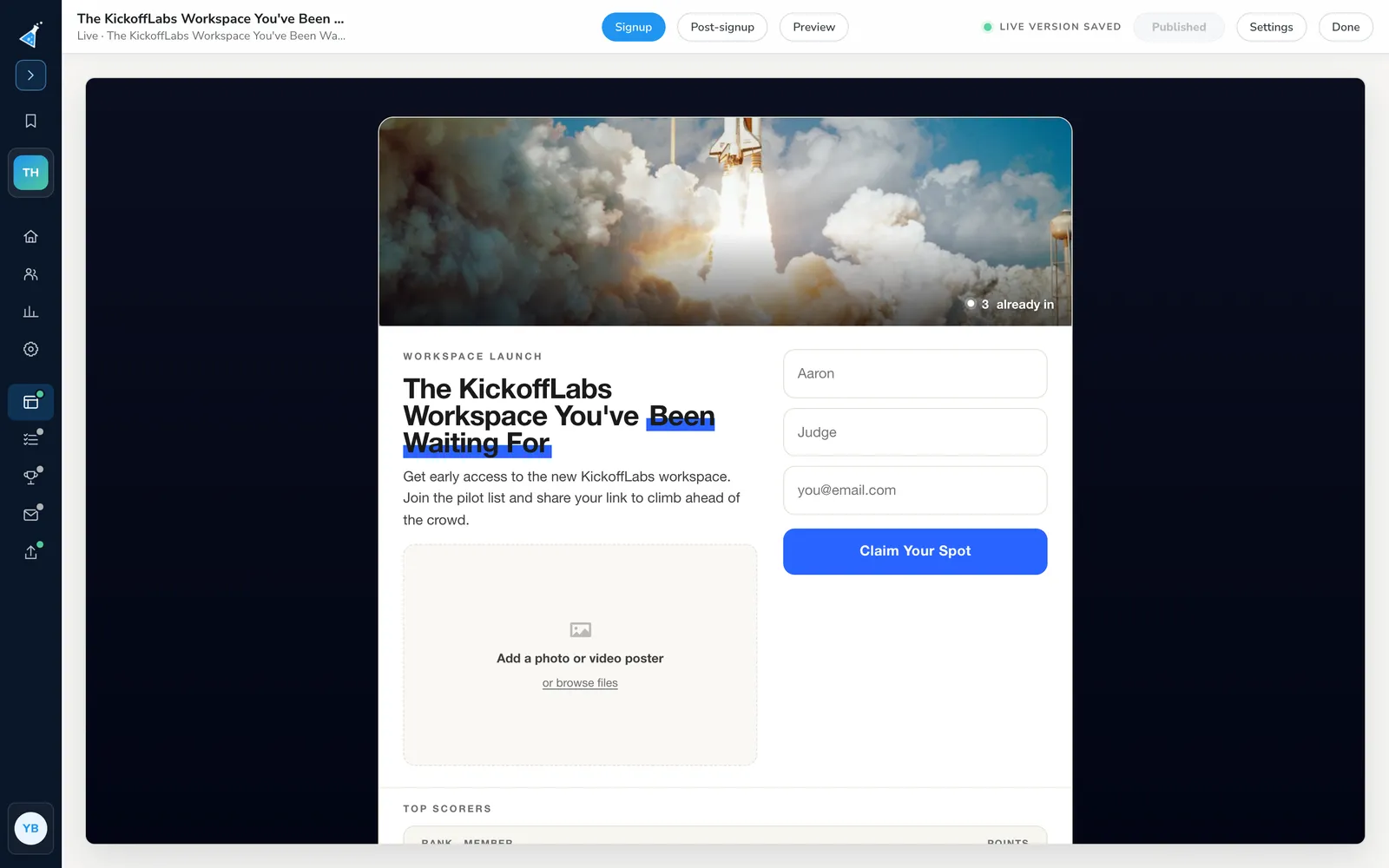 KickoffLabs page designer showing a waitlist signup page with a top scorers leaderboard