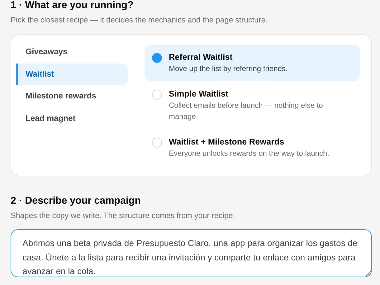 KickoffLabs new campaign screen with Referral Waitlist picked and a campaign brief written in Spanish