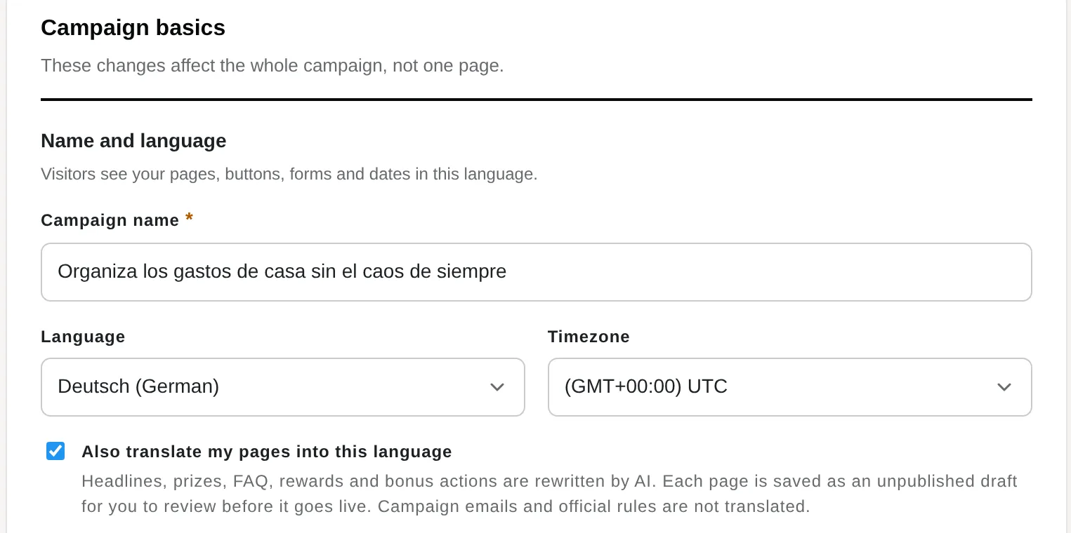 KickoffLabs Campaign settings with Language set to Deutsch (German), Timezone, and the Also translate my pages into this language switch turned on
