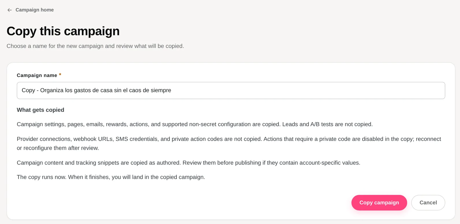 KickoffLabs Copy this campaign screen with a campaign name field, a list of what gets copied, and a Copy campaign button