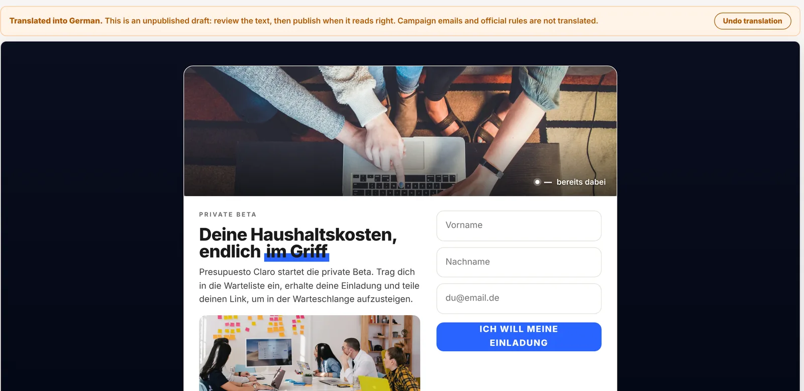 KickoffLabs designer showing the waitlist page translated into German, with a note that it is an unpublished draft and an Undo translation button