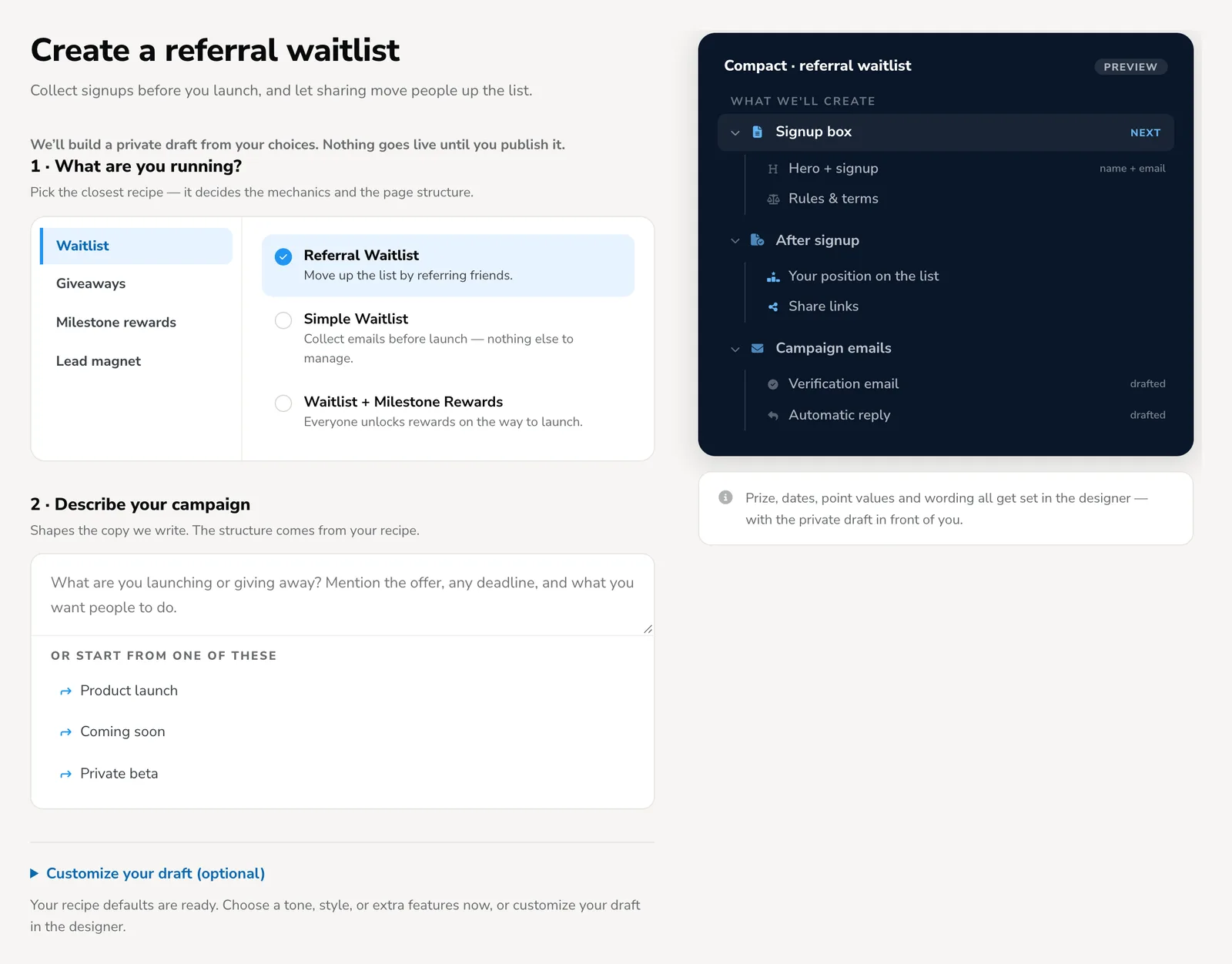 KickoffLabs new campaign screen with a referral waitlist recipe selected and a preview of what will be created