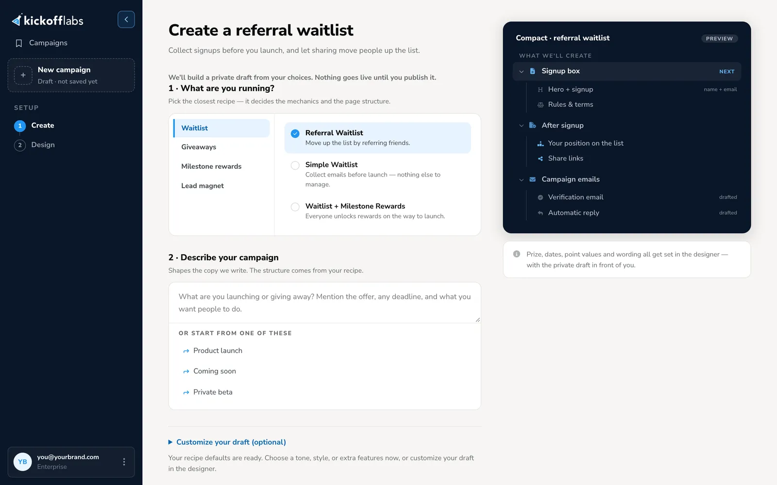 New KickoffLabs campaign dashboard with Waitlist selected, Referral Waitlist recipe selected, campaign brief field, and default Compact signup-box preview