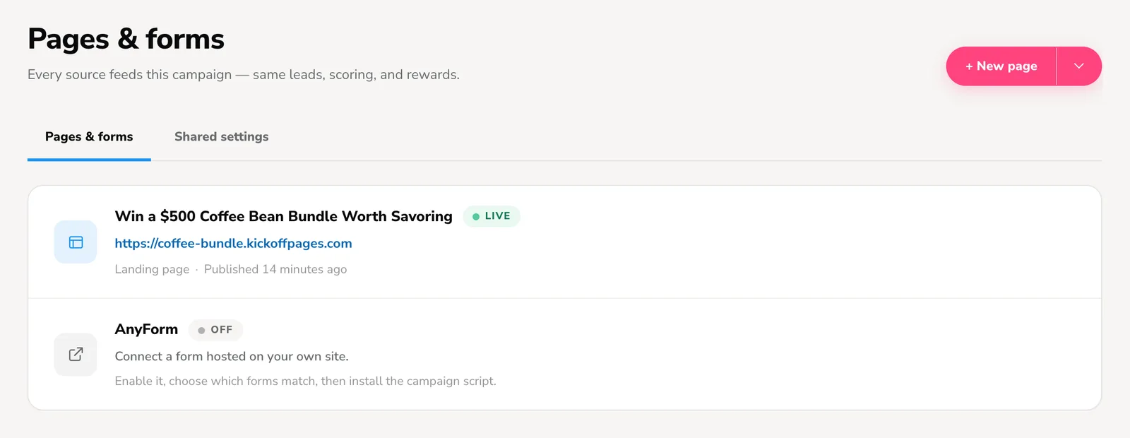 Pages and forms list showing a live landing page and an AnyForm entry feeding the same campaign