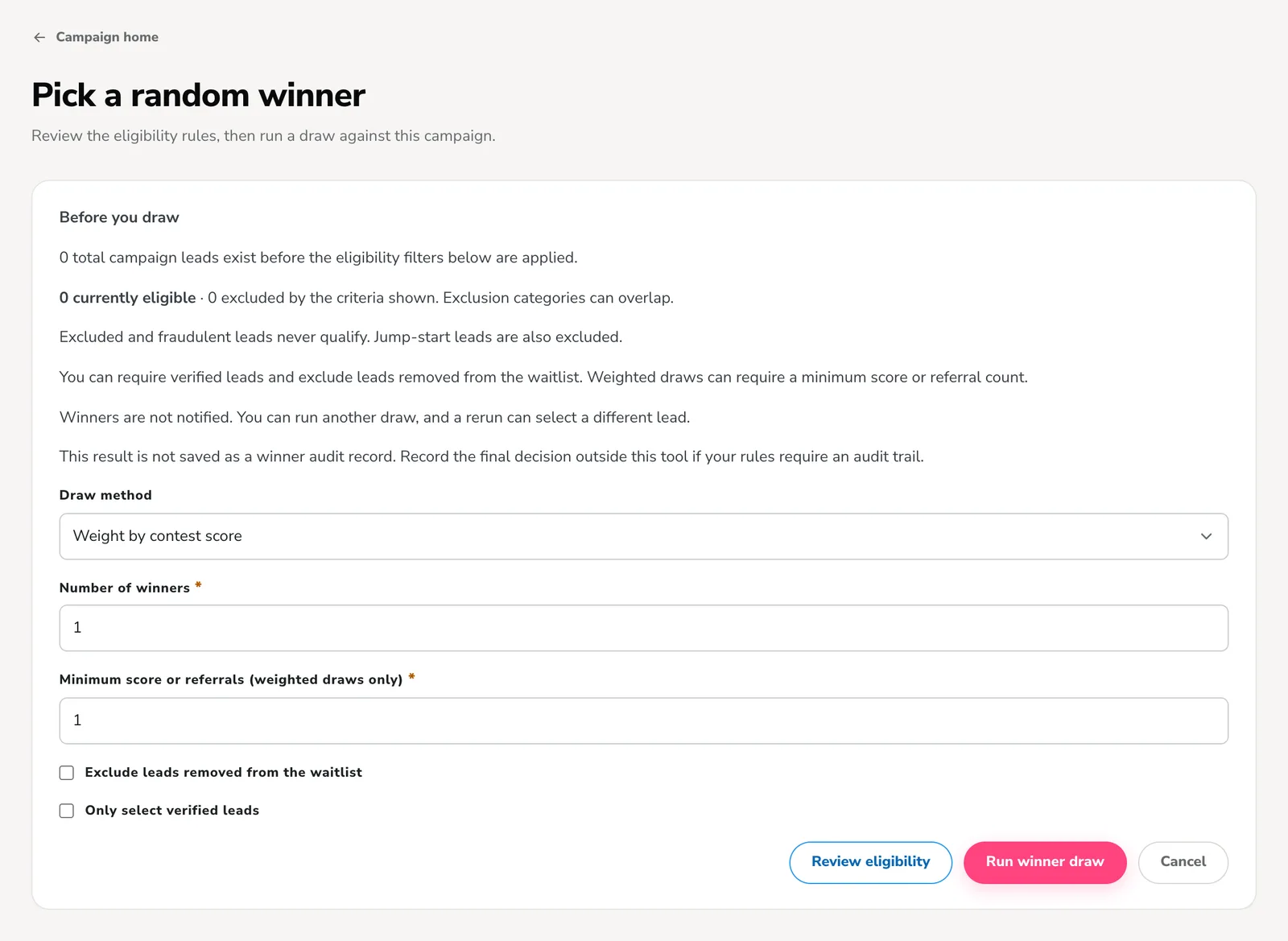 KickoffLabs Pick a random winner screen with eligibility notes, a weighted draw method and a minimum score