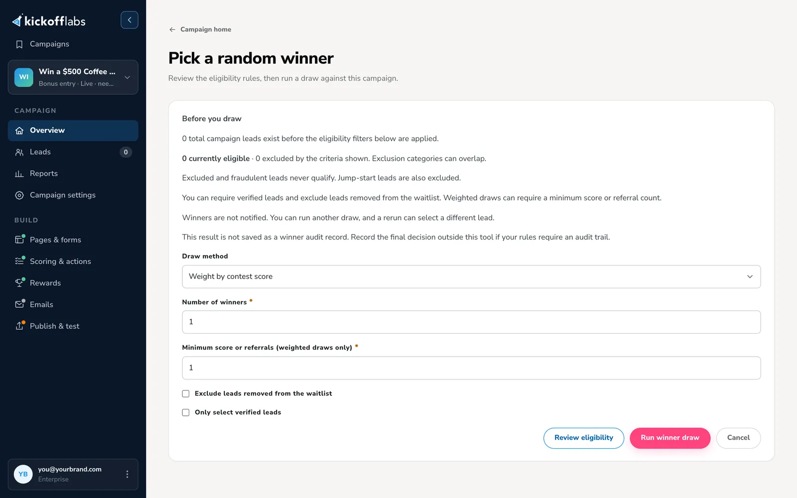 KickoffLabs Pick a random winner screen noting that winners are not notified and that fraudulent and excluded leads never qualify