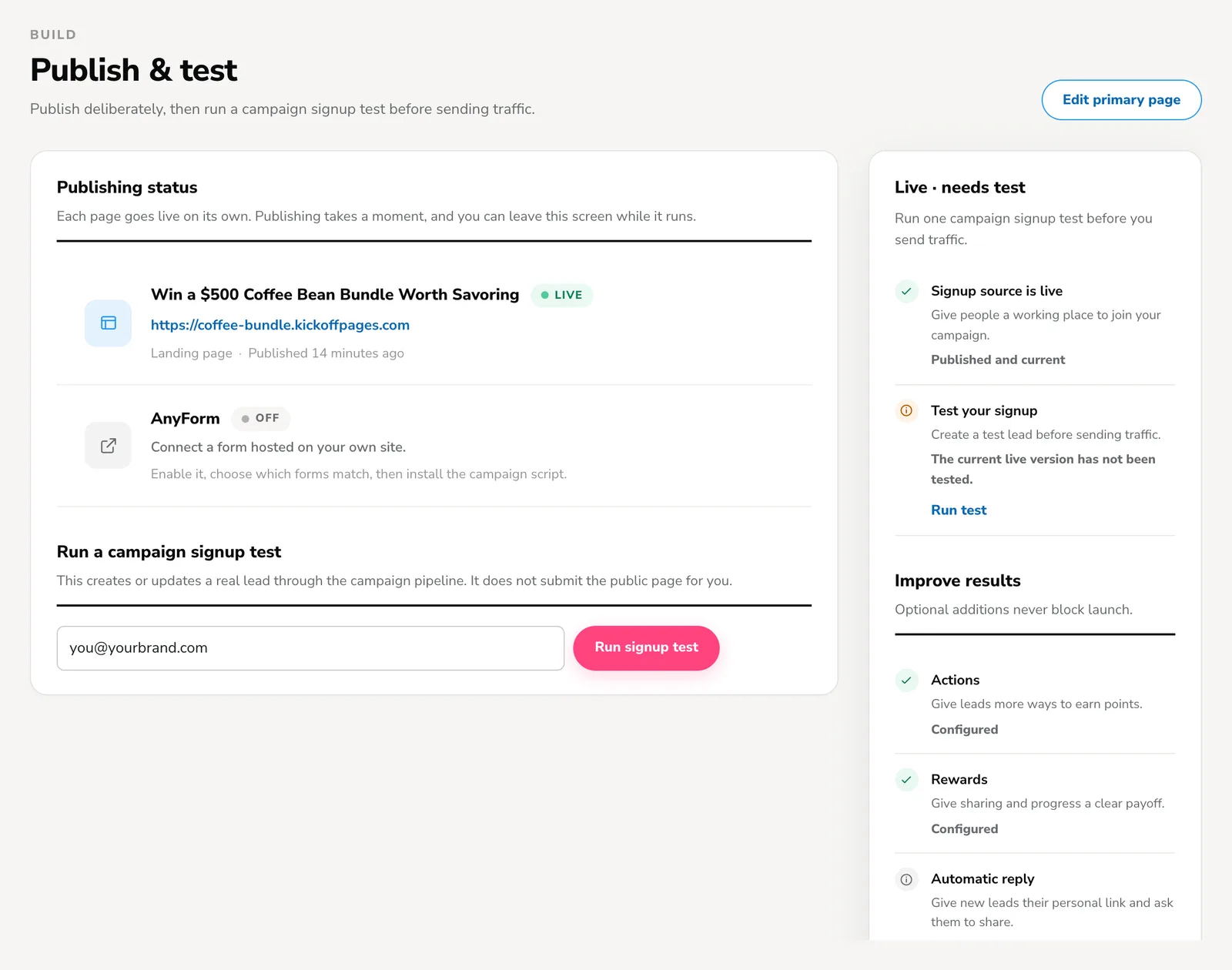 KickoffLabs publish and test screen with publishing status, a signup test and the launch checklist