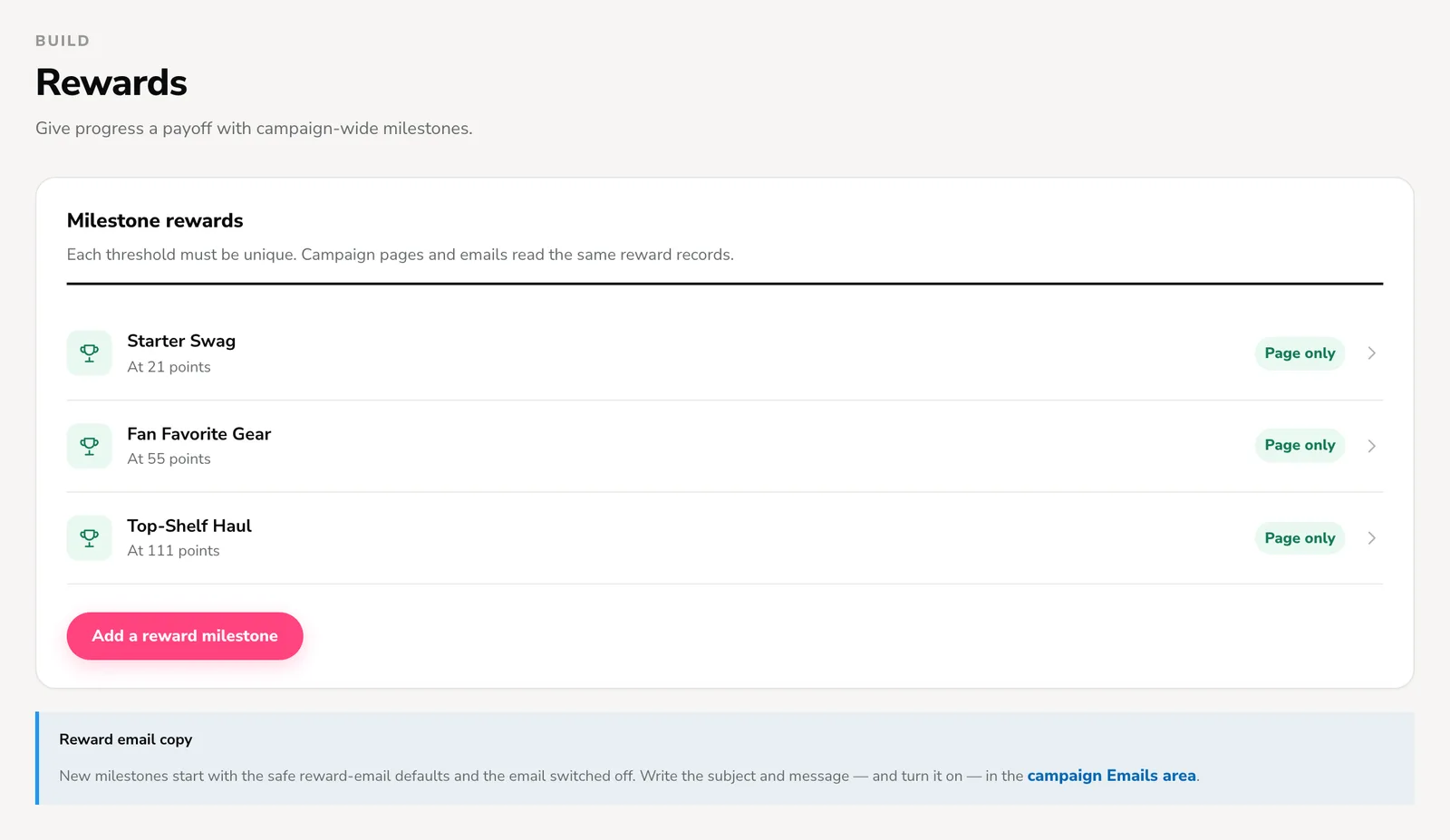 KickoffLabs Rewards screen listing three milestone rewards unlocked at increasing point thresholds