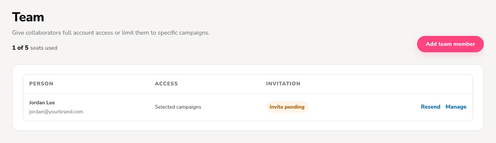KickoffLabs account team screen with a team member and their campaign access