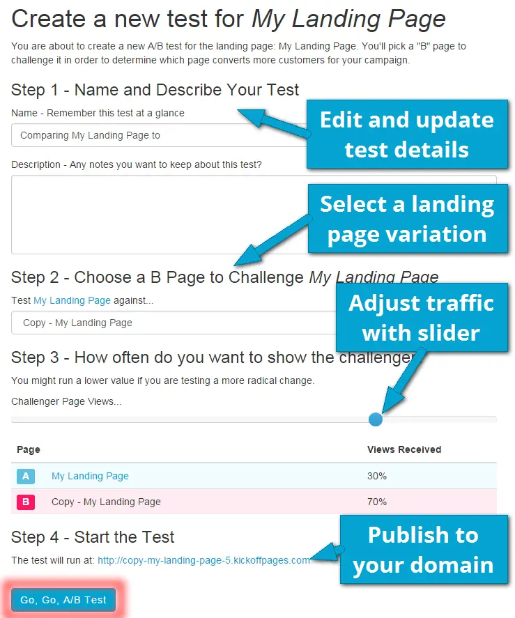 KickoffLabs A/B Testing Set Up