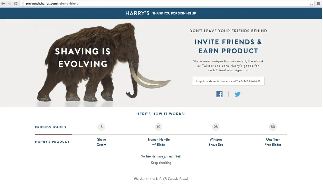Harry's prelaunch referral page showing the personal sharing link and 5, 10, 25, and 50-friend reward thresholds