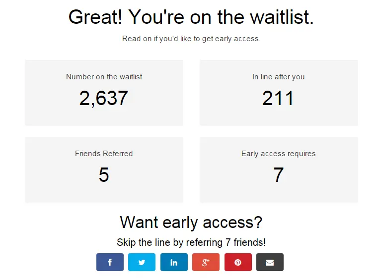 Example of a viral waitlist thank you page
