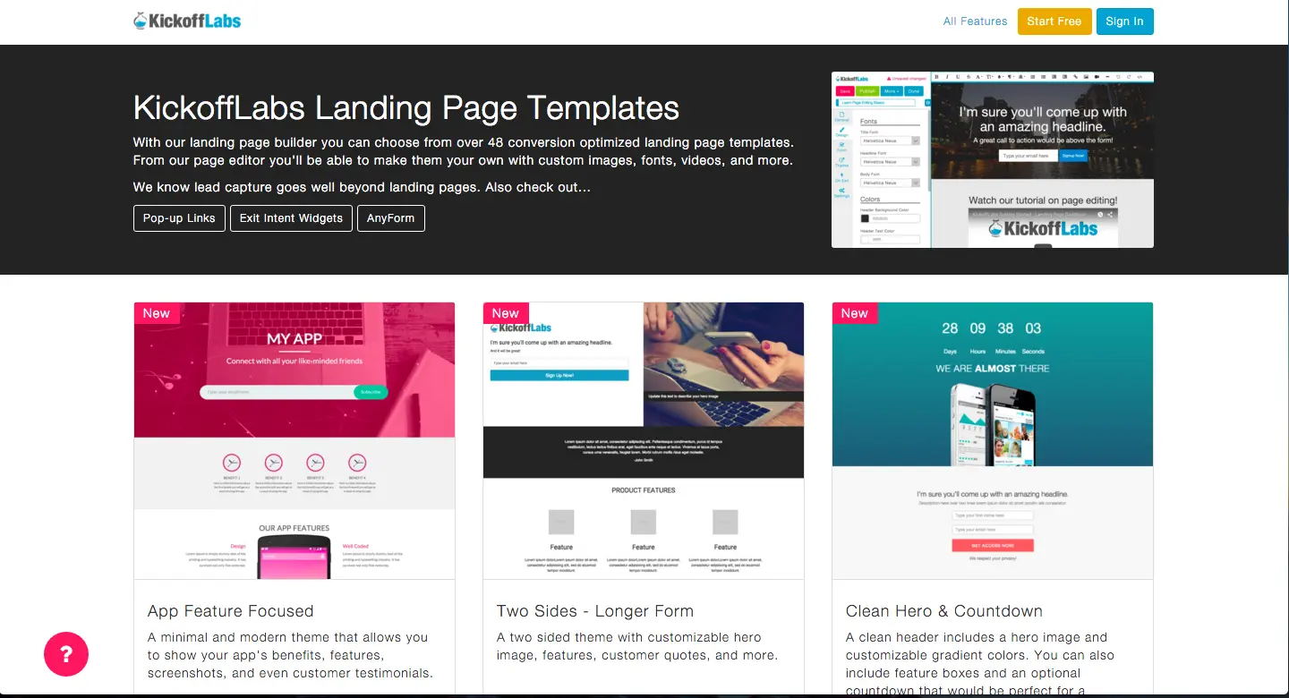 kickofflabs landing page templates