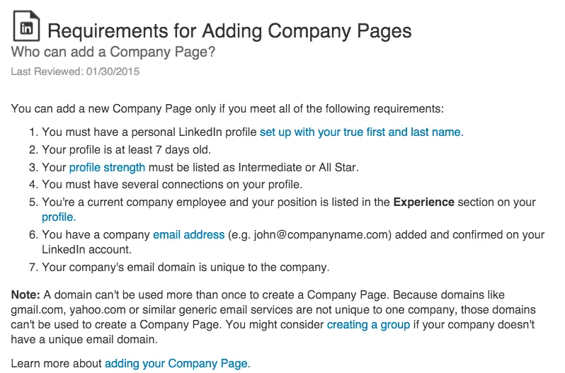 linkedin requirements for company pages