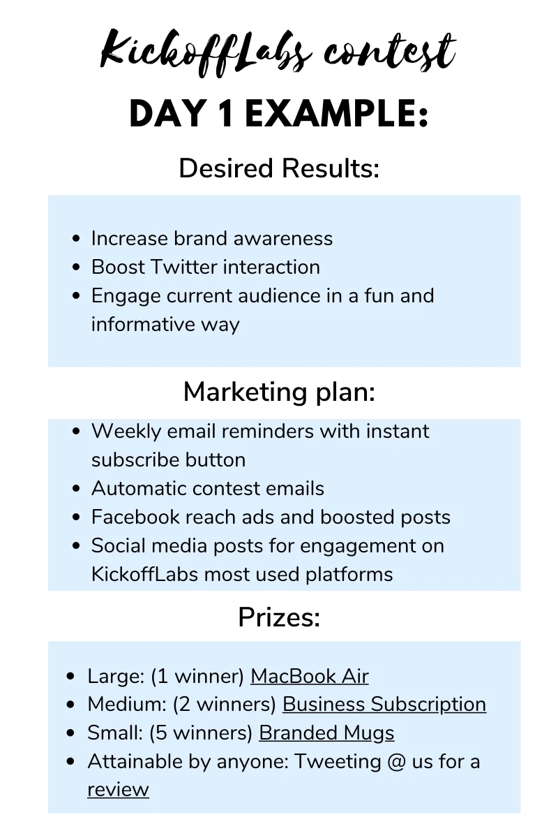 examples for day one: desired results, marketing plan, prizes