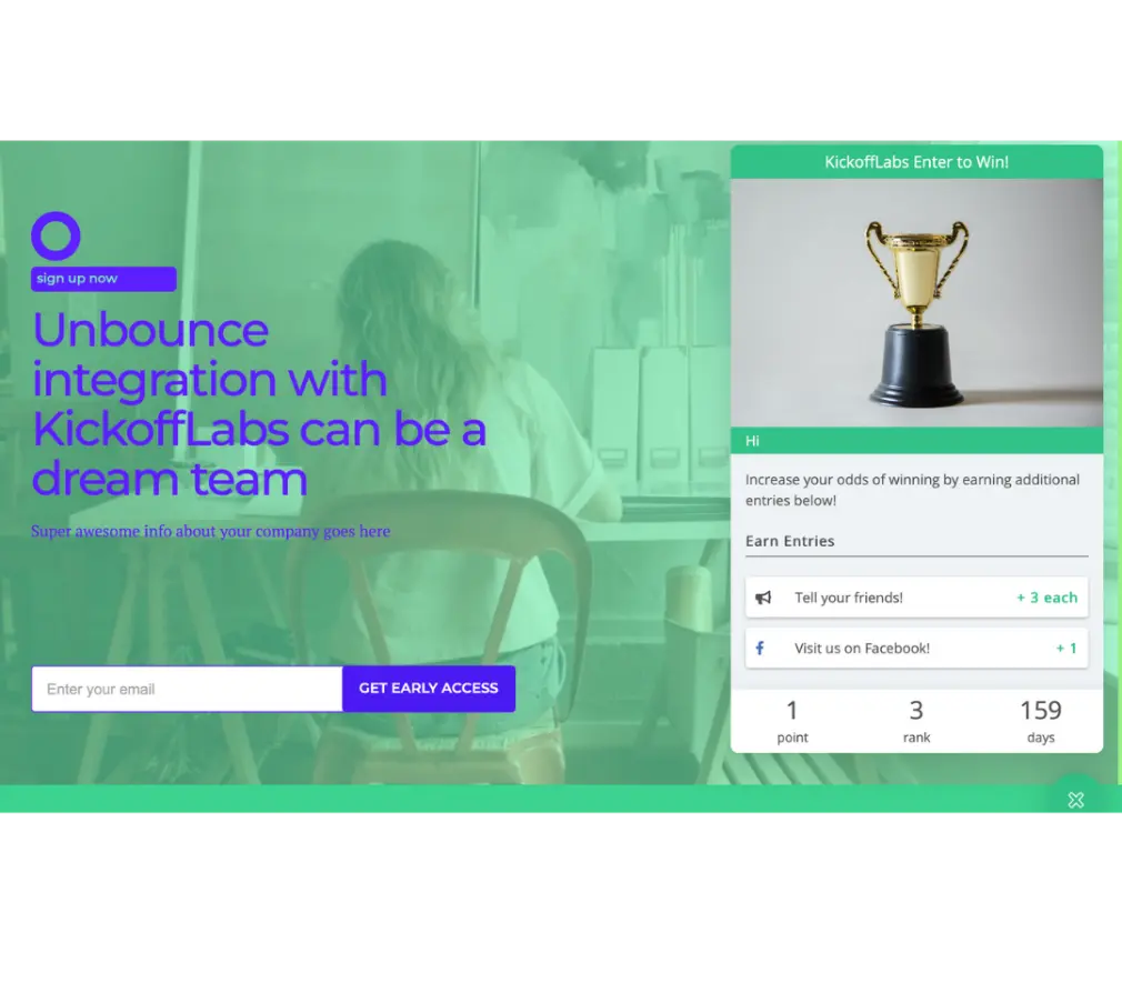 An Unbounce landing page with a KickoffLabs Contest Box showing ways to earn more entries